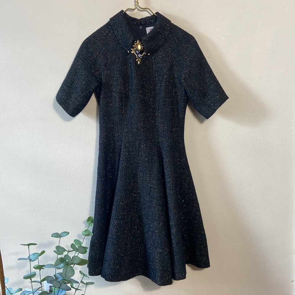 Miri NY Black Gold Metallic Dress Beaded Neck Fit Flare Holiday Party 4 Vintage